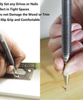 Two-Piece Dual Head Nail Setter with 3/32 and 1/8 inch heads being used on wood, showcasing precision flush countersinking in carpentry.