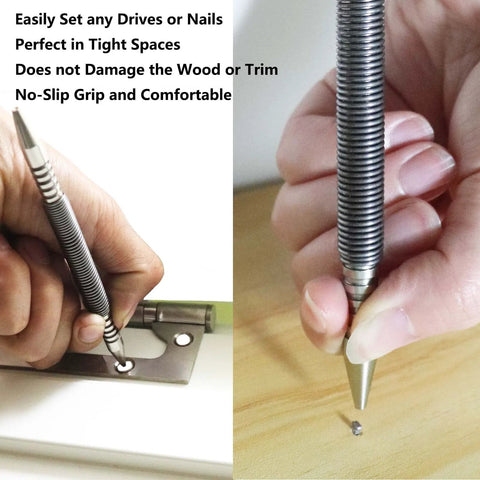 Two-Piece Dual Head Nail Setter with 3/32 and 1/8 inch heads being used on wood, showcasing precision flush countersinking in carpentry.