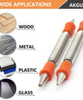 Two Piece Dual Head Nail Setter Kit With Hardened Steel Tips For Precise Wood Joinery Includes Sizes One Thirty Second Inch One Sixteenth Inch Three Thirty Second Inch And One Eighth Inch Hammerless Start And Flush Set Finish Nails In Wood shown with wide applications for wood, metal, plastic, and glass