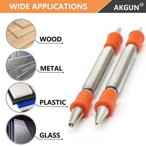 Two Piece Dual Head Nail Setter Kit With Hardened Steel Tips For Precise Wood Joinery Includes Sizes One Thirty Second Inch One Sixteenth Inch Three Thirty Second Inch And One Eighth Inch Hammerless Start And Flush Set Finish Nails In Wood shown with wide applications for wood, metal, plastic, and glass
