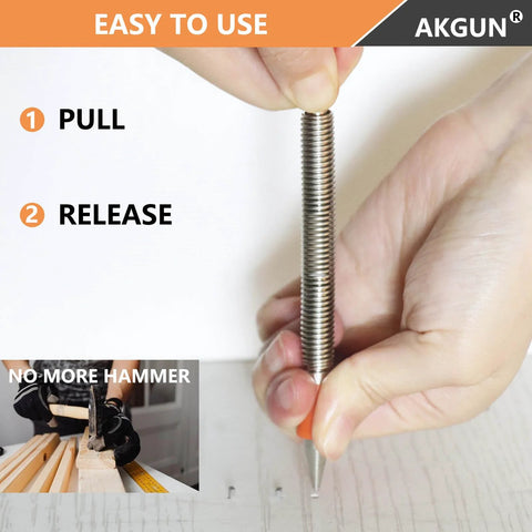 Two Piece Dual Head Nail Setter Kit With Hardened Steel Tips for wood joinery, shown in hand demonstrating use without hammer.