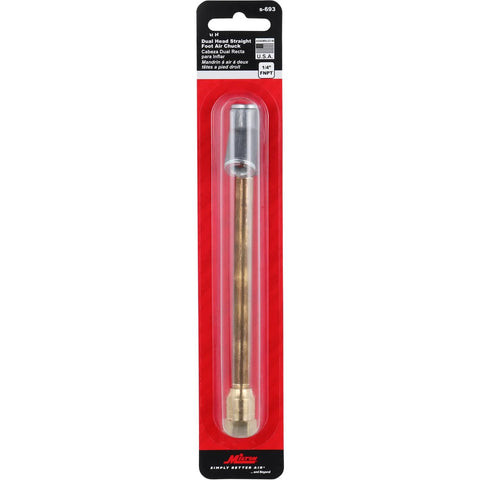 Rugged dual head straight air chuck tire gauge with 1/4 inch FNPT threads in packaging, for accurate pressure readings up to 150 PSI.