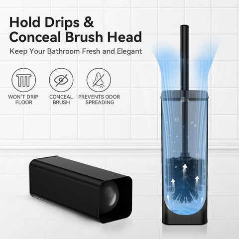 Dual Head Toilet Brush With Covered Holder for No Mess Bathroom Organization and Deep Cleaning, Stainless Steel 304, Black Finish