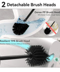Dual Head Toilet Brush With Covered Holder For No Mess Bathroom Organization And Deep Cleaning, showcasing both detachable brush heads.