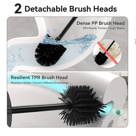 Dual Head Toilet Brush With Covered Holder For No Mess Bathroom Organization And Deep Cleaning, showcasing both detachable brush heads.