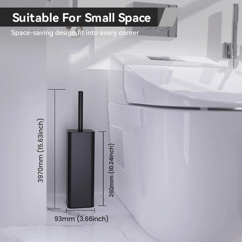 Dual Head Toilet Brush With Covered Holder For No Mess Bathroom Organization And Deep Cleaning, Stainless Steel 304 Durable Handle, Black finish next to toilet