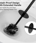 Dual Head Toilet Brush With Covered Holder For No Mess Bathroom Organization And Deep Cleaning, Stainless Steel 304 Non Rusting Durable Handle, Black Finish shown in bathtub with splash-proof design