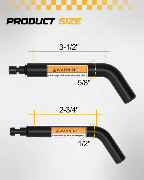 Trailer Hitch Receiver Pin Lock Set With Dual One Half And Five Eighths Inch Pins For One And A Quarter Inch, Two Inch, And Two And A Half Inch Receivers, Includes Two Keys, Black, Built To Lock Down Your Tow Setup showing pin sizes.