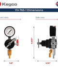 Dimensions of Commercial Grade Secondary Regulator With Single Gauge For Two Kegs, black finish, shown in front and side views from Kegco