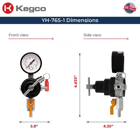 Dimensions of Commercial Grade Secondary Regulator With Single Gauge For Two Kegs, black finish, shown in front and side views from Kegco