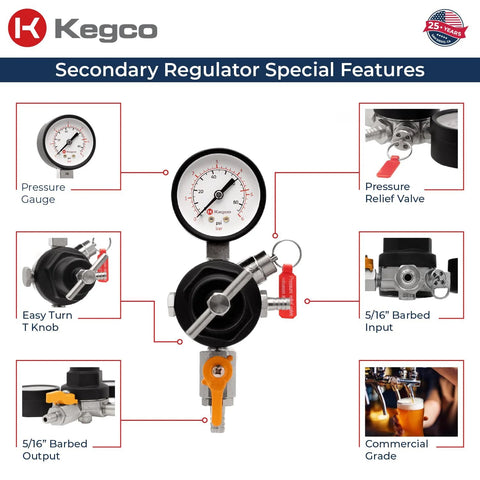 Commercial Grade Secondary Regulator With Single Gauge For Two Kegs, Black Finish, Heavy Duty CO2 Beer Regulator, Kegco