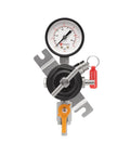 Commercial Grade Secondary Regulator With Single Gauge For Two Kegs, Black Finish, close-up front view showing gauge and valve
