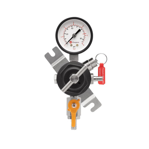 Commercial Grade Secondary Regulator With Single Gauge For Two Kegs, Black Finish, close-up front view showing gauge and valve