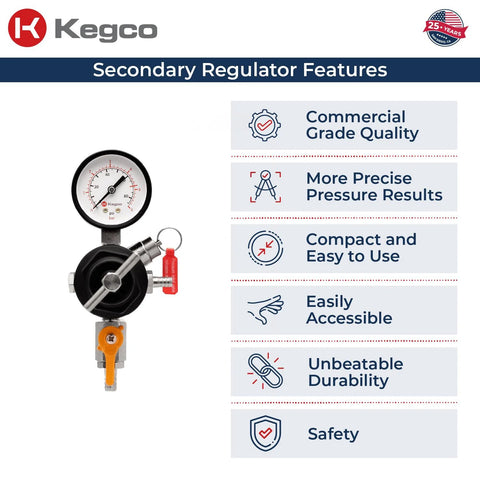 Commercial Grade Secondary Regulator With Single Gauge For Two Kegs, Black Finish, Heavy Duty CO2 Beer Regulator Features by Kegco