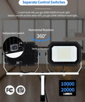 Dual Head 200W LED Work Light With Adjustable Telescoping Tripod Stand showing separate control switches and rotation options.