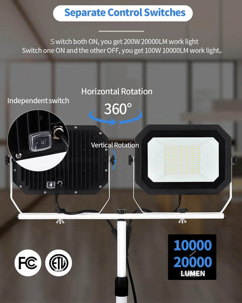 Dual Head 200W LED Work Light With Adjustable Telescoping Tripod Stand showing separate control switches and rotation options.