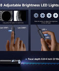 Close-up of [Dual-Lens] Endoscope Camera with Light, showing adjustable LED lights and button for lens switching.