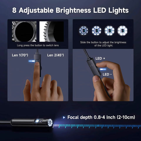 Close-up of [Dual-Lens] Endoscope Camera with Light, showing adjustable LED lights and button for lens switching.