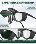 Dual Lens Welding Safety Glasses With Clear And IR 8 Shade Antifog Adjustable, showing lens types and frame features