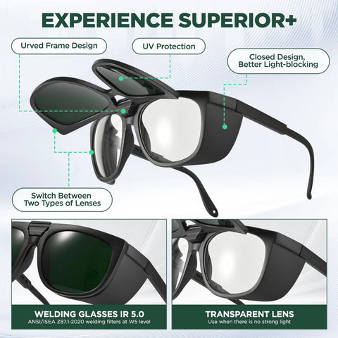 Dual Lens Welding Safety Glasses With Clear And IR 8 Shade Antifog Adjustable, showing lens types and frame features