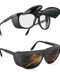 Dual Lens Welding Safety Glasses With Clear And IR 8 Shade Antifog Adjustable showing flip-up and in-use views with sparks