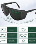 Infographic showing dimensions of Dual Lens Welding Safety Glasses With Clear And IR 8 Shade Antifog Adjustable.