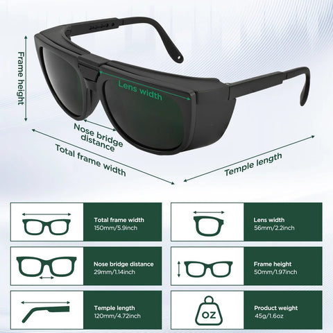 Infographic showing dimensions of Dual Lens Welding Safety Glasses With Clear And IR 8 Shade Antifog Adjustable.