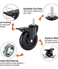 Diagram of five inch stem caster wheels with dual locking brakes and threaded stem, showing swivel design and industrial grade materials.
