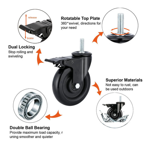 Diagram of five inch stem caster wheels with dual locking brakes and threaded stem, showing swivel design and industrial grade materials.