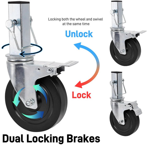 5 Inch Scaffolding Casters Set with dual locking brakes, showing stainless steel and rubber wheel, 440 lbs capacity per caster