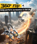 HT15 Dual-Mode RC Drone For Kids Air And Land Mini Toy Helicopter performing 360-degree flip over cityscape with orange trail