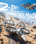 HT15 Dual-Mode RC Drone For Kids Air And Land Mini Toy Helicopter under 100g shown in flight and ground mode in desert terrain
