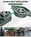2 Pack 1-3/8 Bore Pillow Block Bearing With Flange Mount 2 Bolt Self Aligning Pillow Block Bearings On Solid Cast Iron Base Premium Bearing Steel Durable Heavy Duty Support For Industrial Machinery And Conveyors, displayed with installation examples.