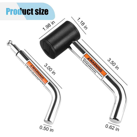 Dual Pin Trailer Hitch Lock With Anti Theft Design For One Quarter Inch Two Inch And Two And A Half Inch Receivers Featuring One Half Inch And Five Eighths Inch Diameter Pins With Three Inch And Three And A Half Inch Reach Fits Class I Through V Hitch, showing dimensions of pins.