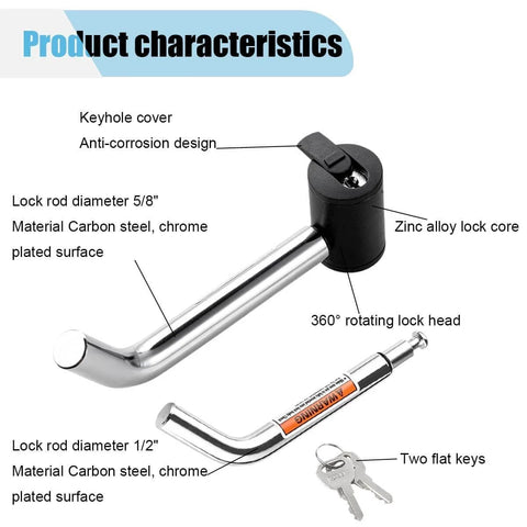 Dual Pin Trailer Hitch Lock With Anti Theft Design For One Quarter Inch Two Inch And Two And A Half Inch Receivers Featuring One Half Inch And Five Eighths Inch Diameter Pins With Three Inch And Three And A Half Inch Reach Fits Class I Through V Hitch, shown with keyhole cover, zinc alloy lock core, and chrome plated surface.