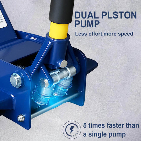 Close-up of Heavy Duty 3 Ton Floor Jack With Low Profile Design showing hydraulic dual plston pump with yellow foam handle.
