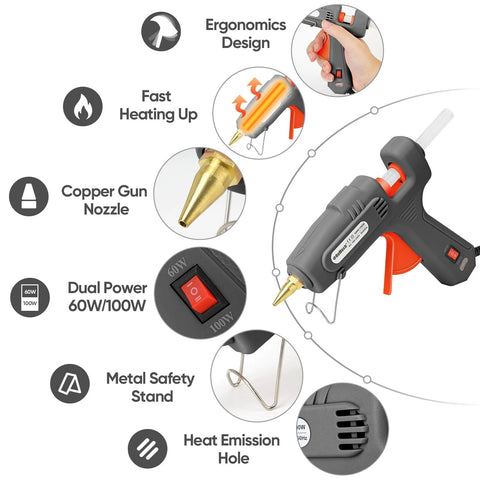 Heavy Duty Dual Power Hot Glue Gun With 60W And 100W Settings, Fast Preheat, copper nozzle, safety stand, ergonomic design