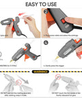 Heavy Duty Dual Power Hot Glue Gun With 60W And 100W Settings showing usage steps and safety instructions with power cable and glue stick.