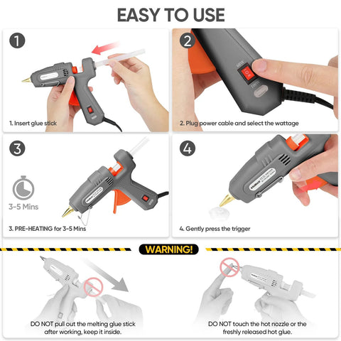 Heavy Duty Dual Power Hot Glue Gun With 60W And 100W Settings showing usage steps and safety instructions with power cable and glue stick.