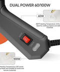 Close-up of Heavy Duty Dual Power Hot Glue Gun With 60W And 100W Settings showing dual power switch and heating temperature details.