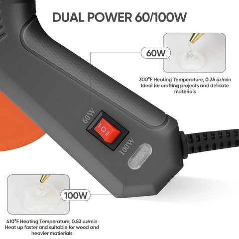 Close-up of Heavy Duty Dual Power Hot Glue Gun With 60W And 100W Settings showing dual power switch and heating temperature details.