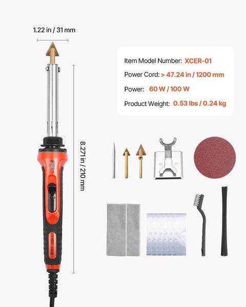 Dual Power Plastic Welder Kit With 60W And 100W Soldering Iron, 3 tips, welding tips and accessories displayed next to the tool