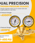 Image of a dual precision nitrogen pressure gauge with brass construction, showing high and low pressure dials up to 4000 PSI.