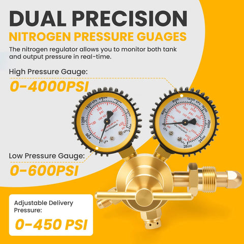 Image of a dual precision nitrogen pressure gauge with brass construction, showing high and low pressure dials up to 4000 PSI.