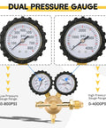 Dual pressure gauge for versatile nitrogen regulator, showing 0-800 PSI low range and 0-4000 PSI high range for HVAC and tanks.
