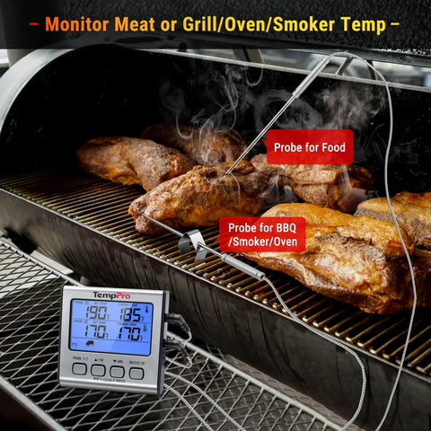 Dual Probe Digital Cooking Meat Thermometer Large LCD Backlight monitoring BBQ chicken in a smoker, Silver