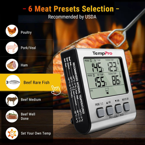 Dual Probe Digital Cooking Meat Thermometer Large LCD Backlight Food Grill Thermometer with Timer Mode for Smoker Kitchen Oven BBQ, Silver with USDA presets