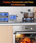 Dual Probe Digital Cooking Meat Thermometer Large LCD Backlight Food Grill Thermometer with Timer Mode for Smoker Kitchen Oven BBQ, Silver, showing simultaneous temperature and timer display with oven and stove setup.
