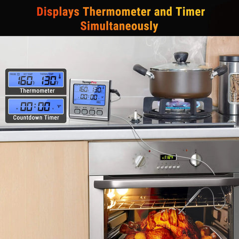 Dual Probe Digital Cooking Meat Thermometer Large LCD Backlight Food Grill Thermometer with Timer Mode for Smoker Kitchen Oven BBQ, Silver, showing simultaneous temperature and timer display with oven and stove setup.