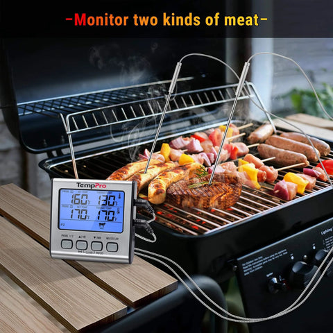 Dual Probe Digital Cooking Meat Thermometer Large LCD Backlight Food Grill Thermometer with Timer Mode for Smoker Kitchen Oven BBQ, Silver